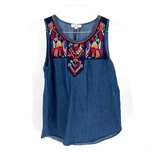 Anthropologie THML Embroidered Boho Aztec Sleeveless Denim Lightweight Flowy Top